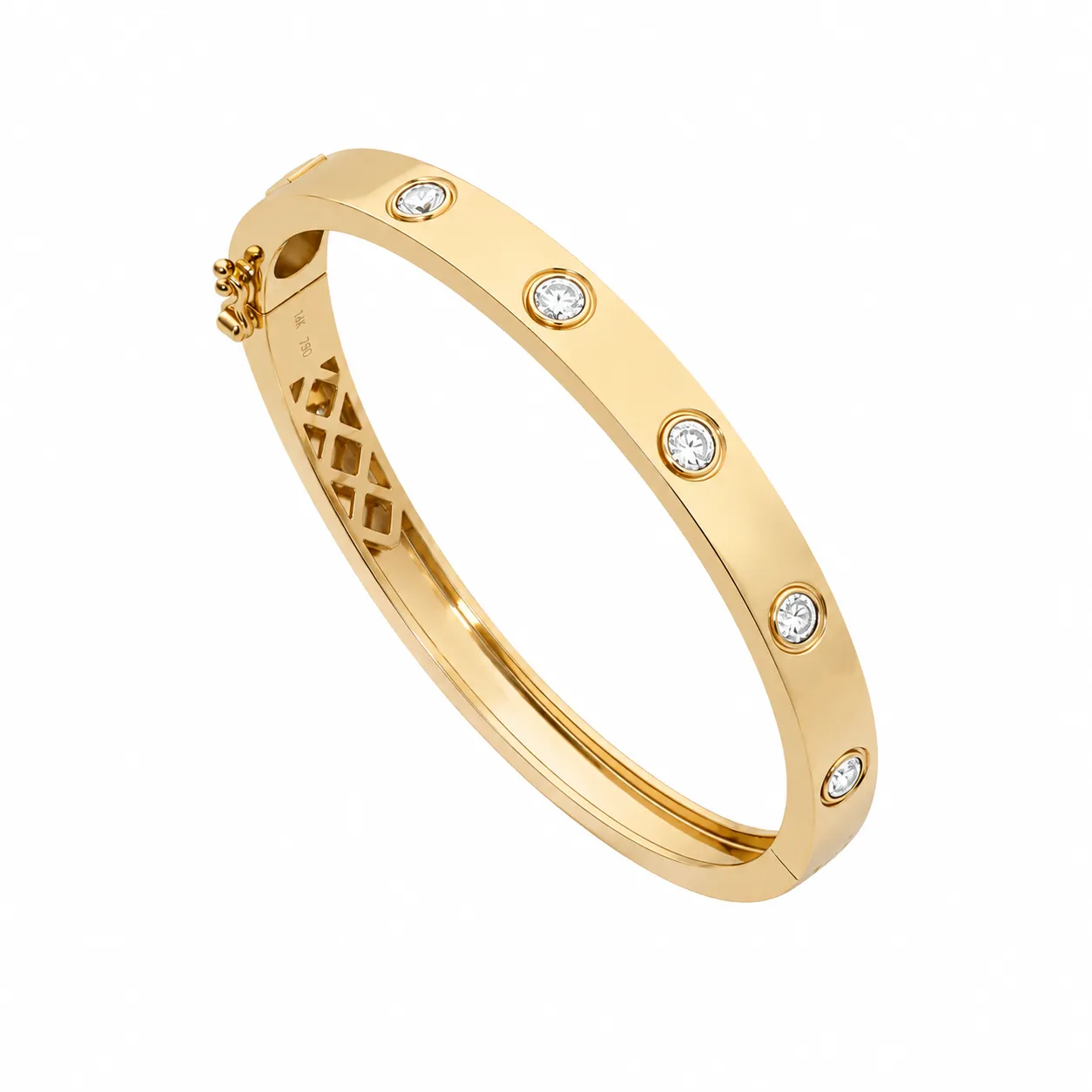 Yellow gold hinged bangle with bezel-set round diamonds