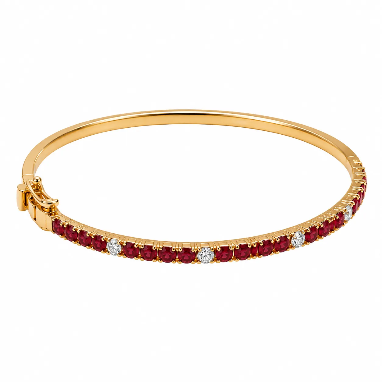 Yellow gold bangle set with a row of round rubies