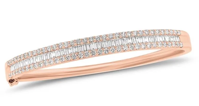 Rose gold bangle with baguette and round diamond rows
