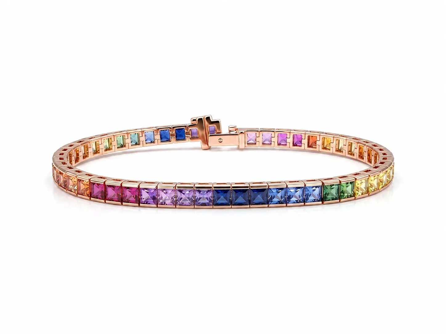 Rainbow sapphire square-cut line bracelet in rose gold