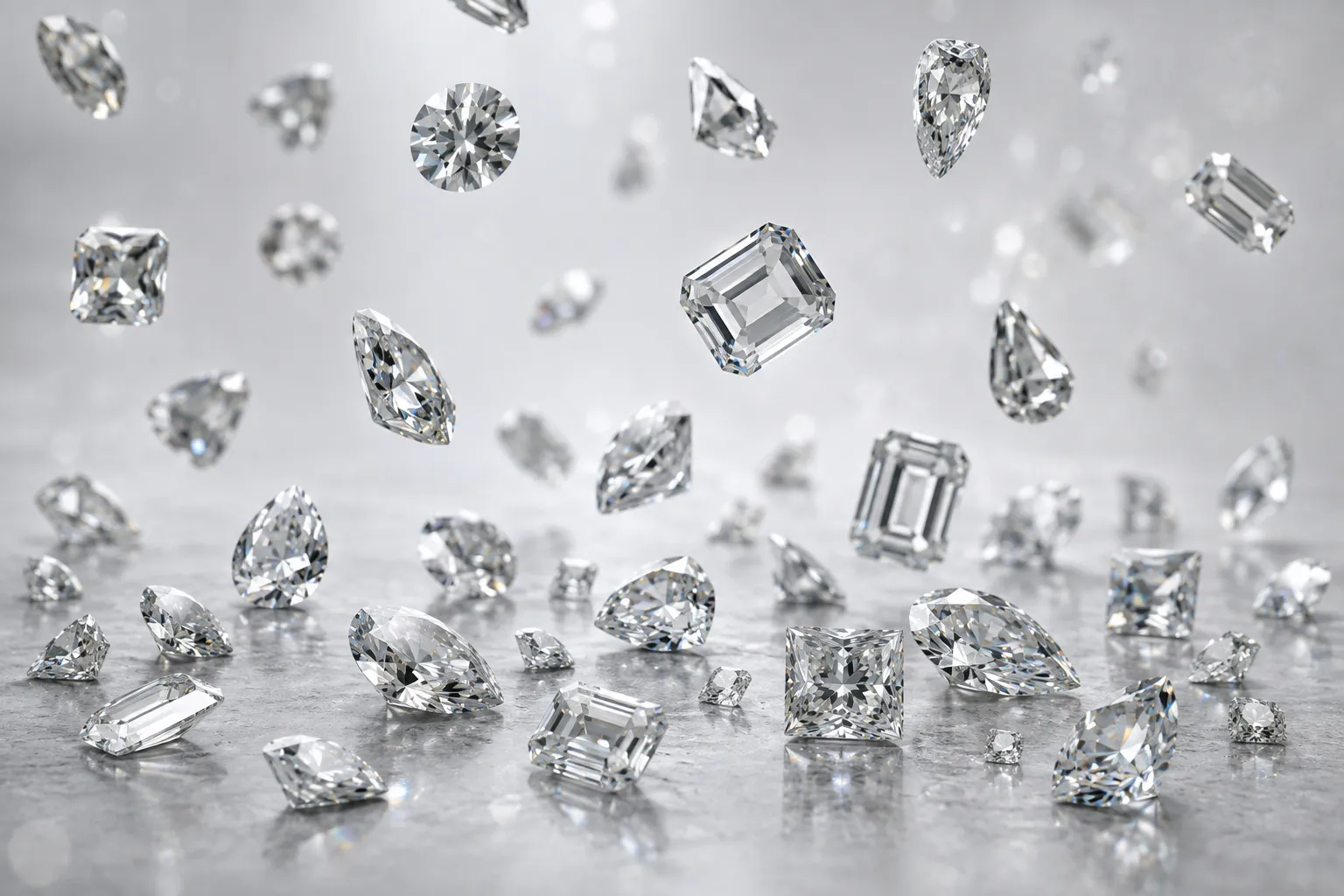 Loose diamonds in many cuts scattered on a white surface