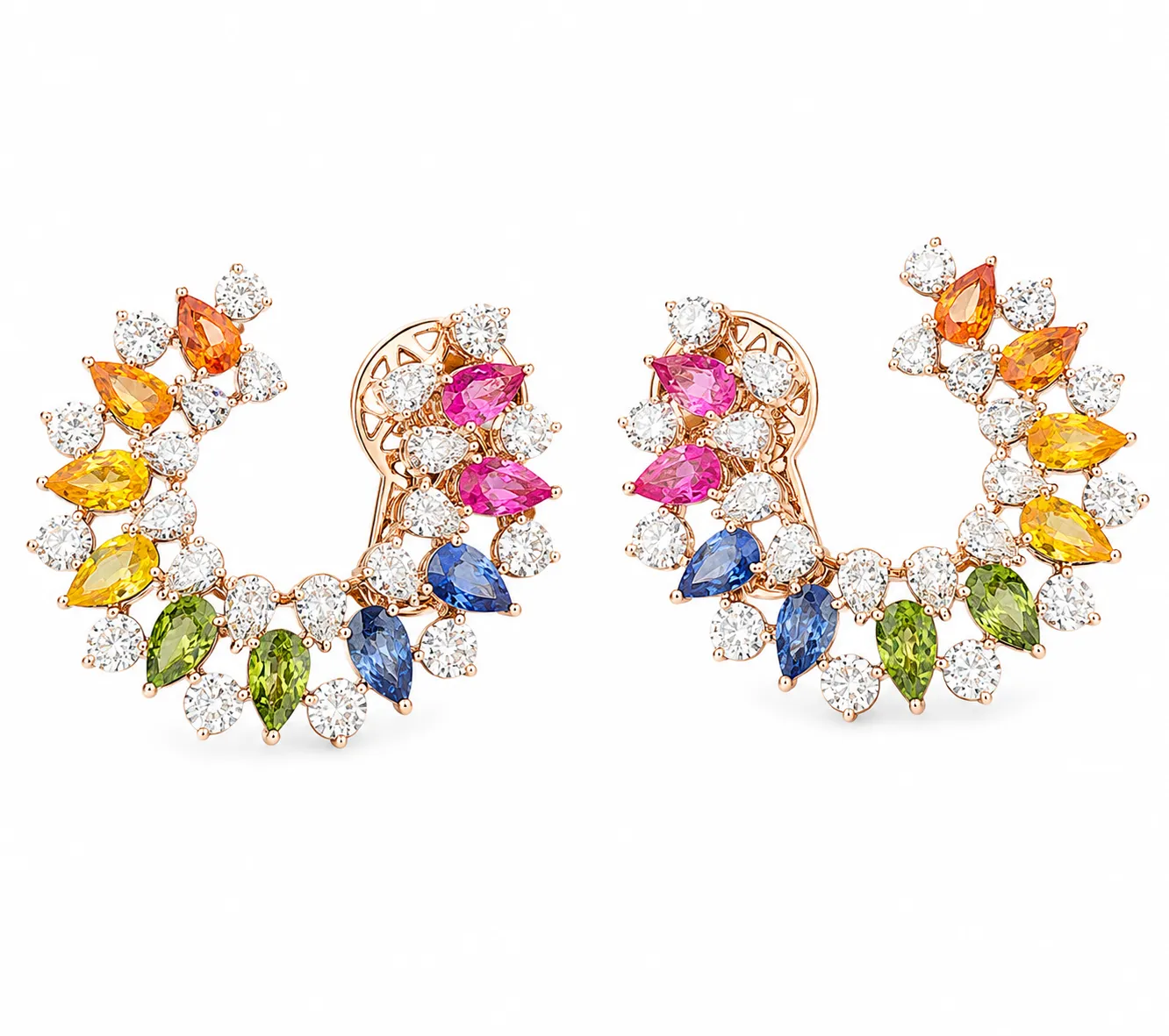 Multicolor sapphire and diamond hoop earrings in rose gold