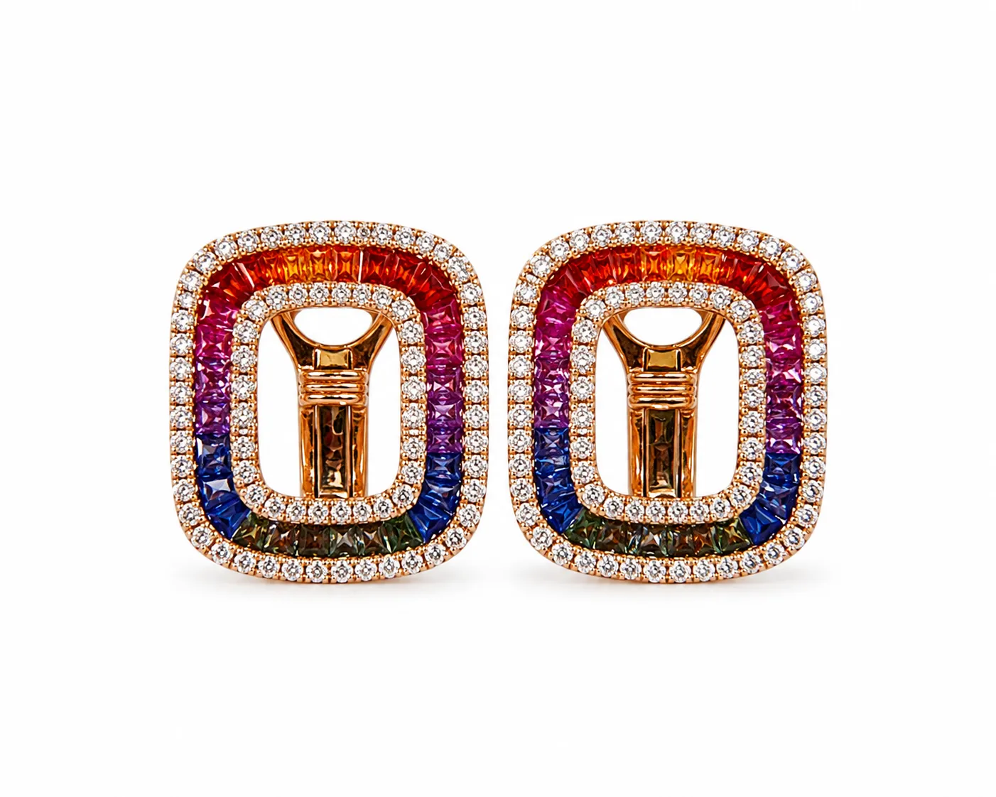 Rainbow sapphire and diamond rectangular halo earrings in rose gold