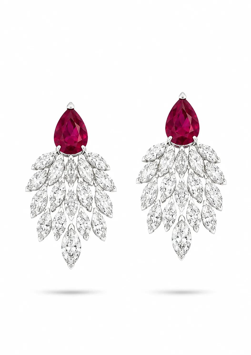 Pear-shaped ruby earrings with marquise diamond cluster drops