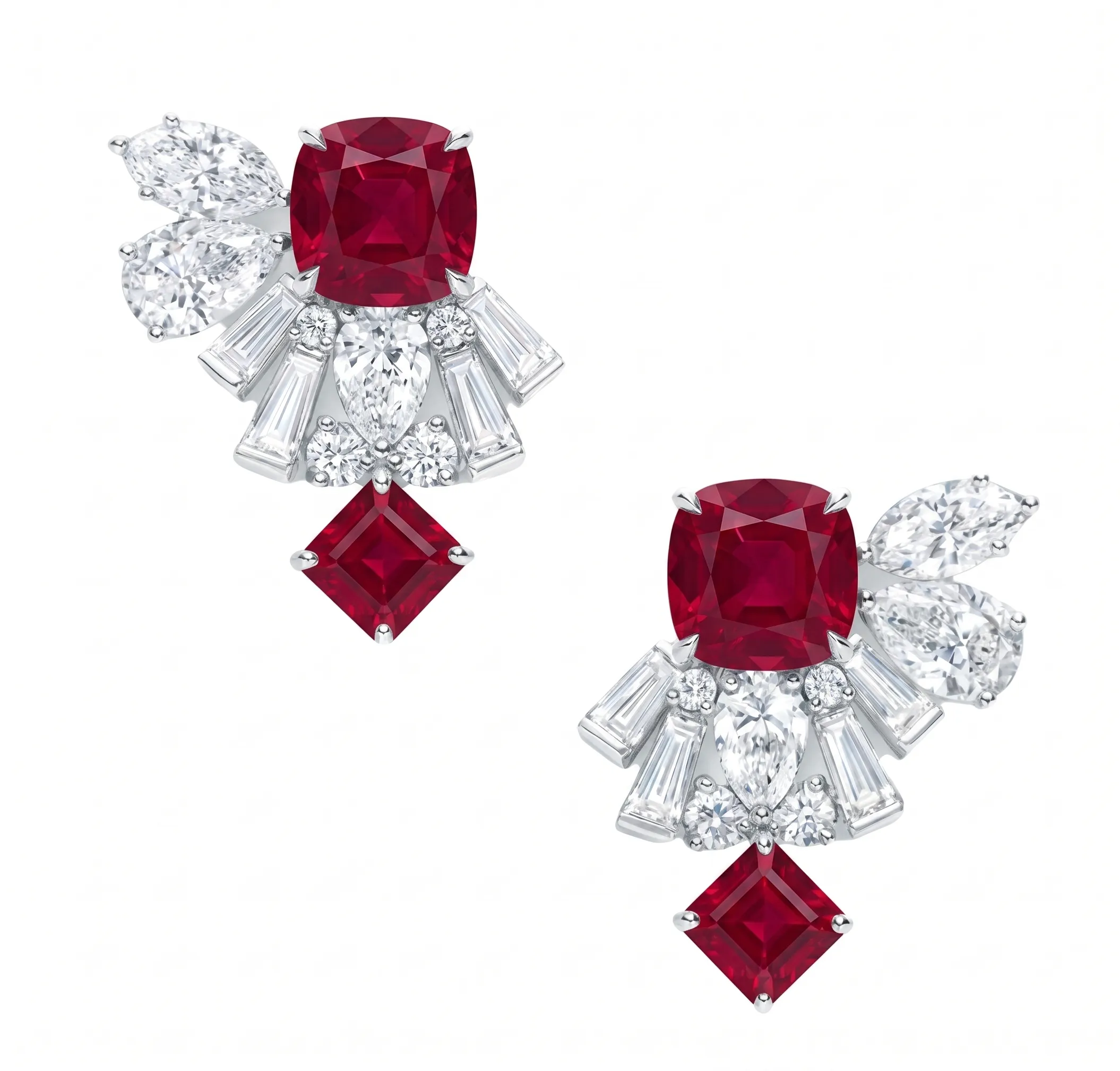 Cushion ruby and baguette diamond cluster earrings in white gold