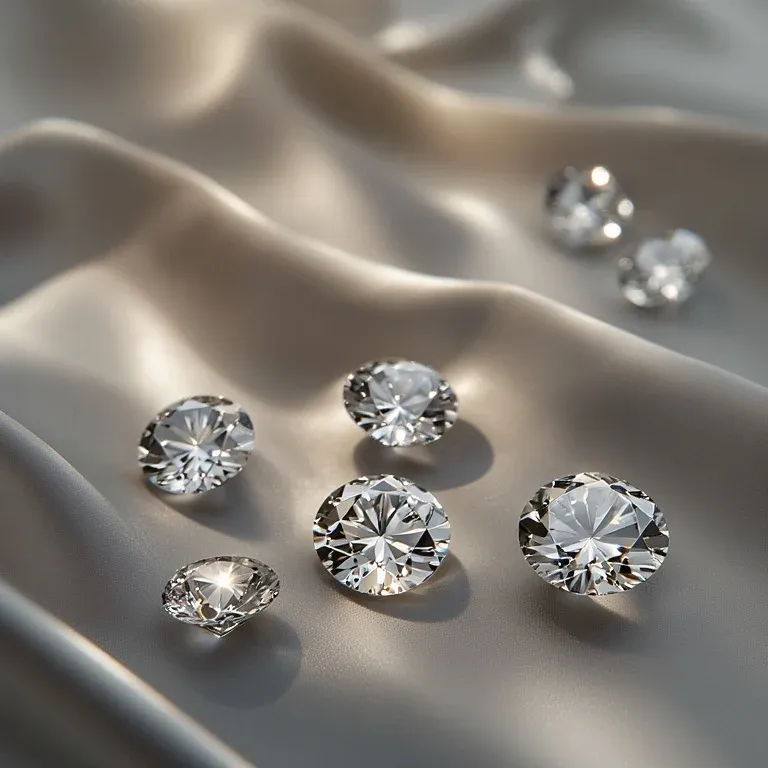 Loose round brilliant diamonds resting on champagne silk
