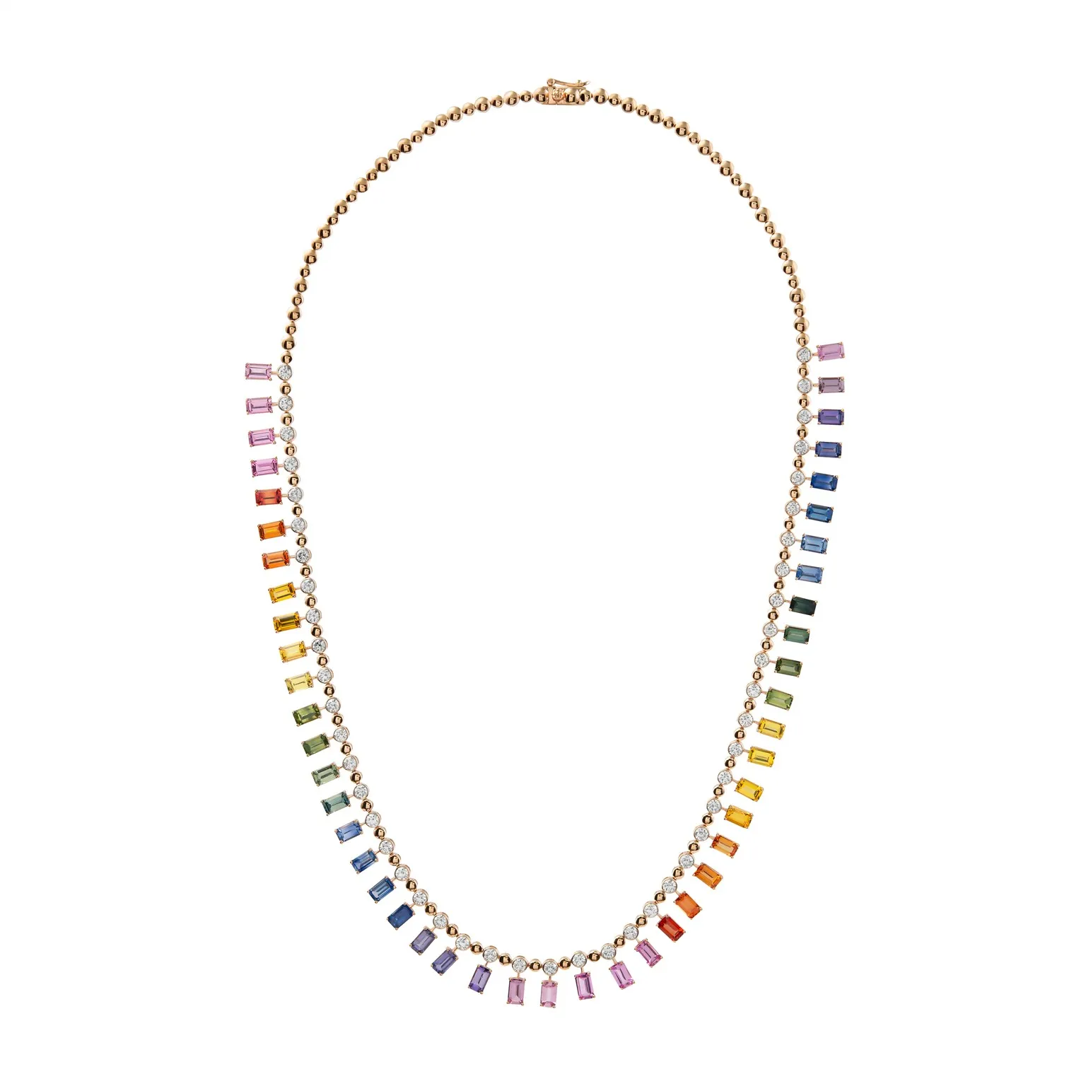 Rainbow sapphire baguette necklace in yellow gold