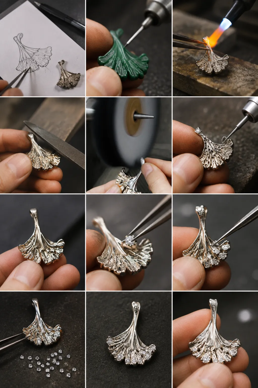 Twelve stages of making a diamond-set ginkgo leaf pendant, from sketch and wax carving to casting, setting and final polish