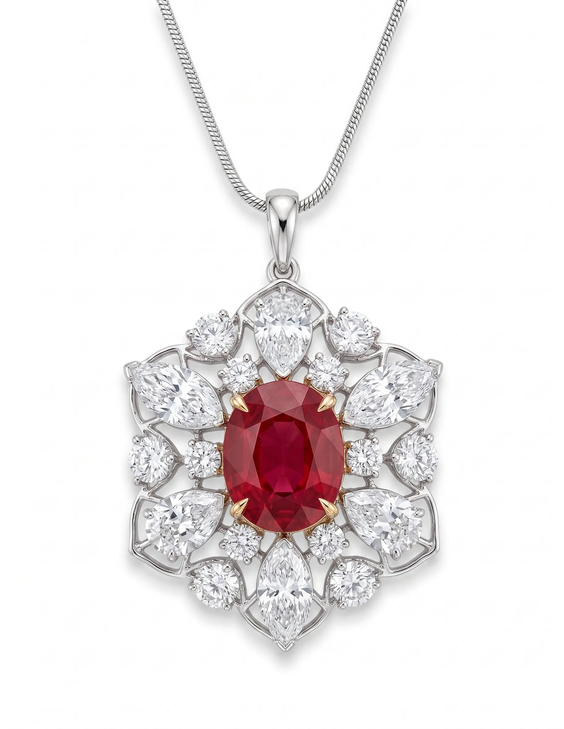 Oval ruby pendant in a diamond cluster surround on a white gold chain