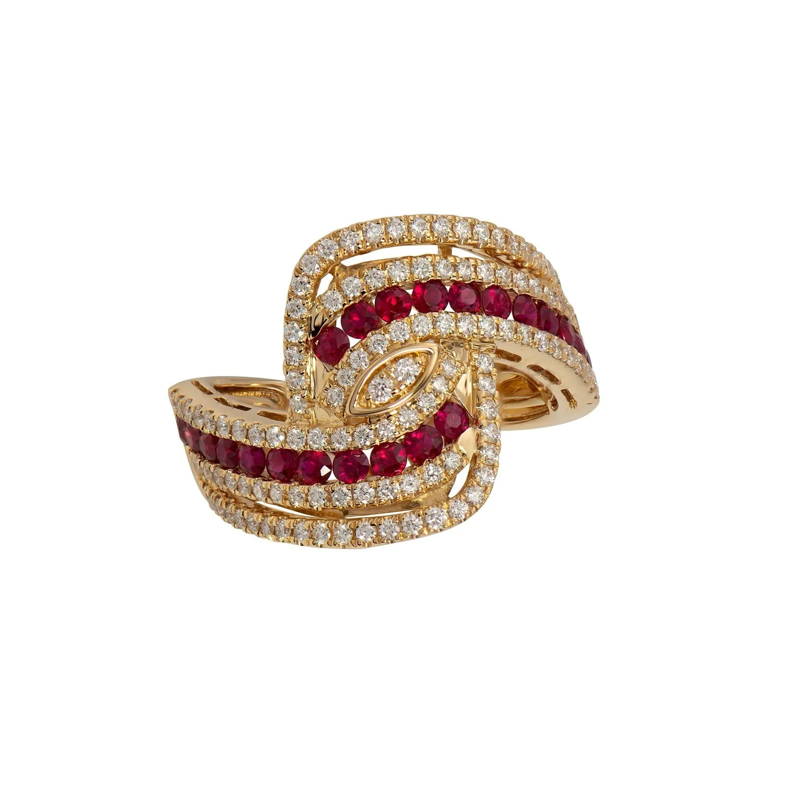 Yellow gold bypass ring set with channel-set rubies and pavé diamonds