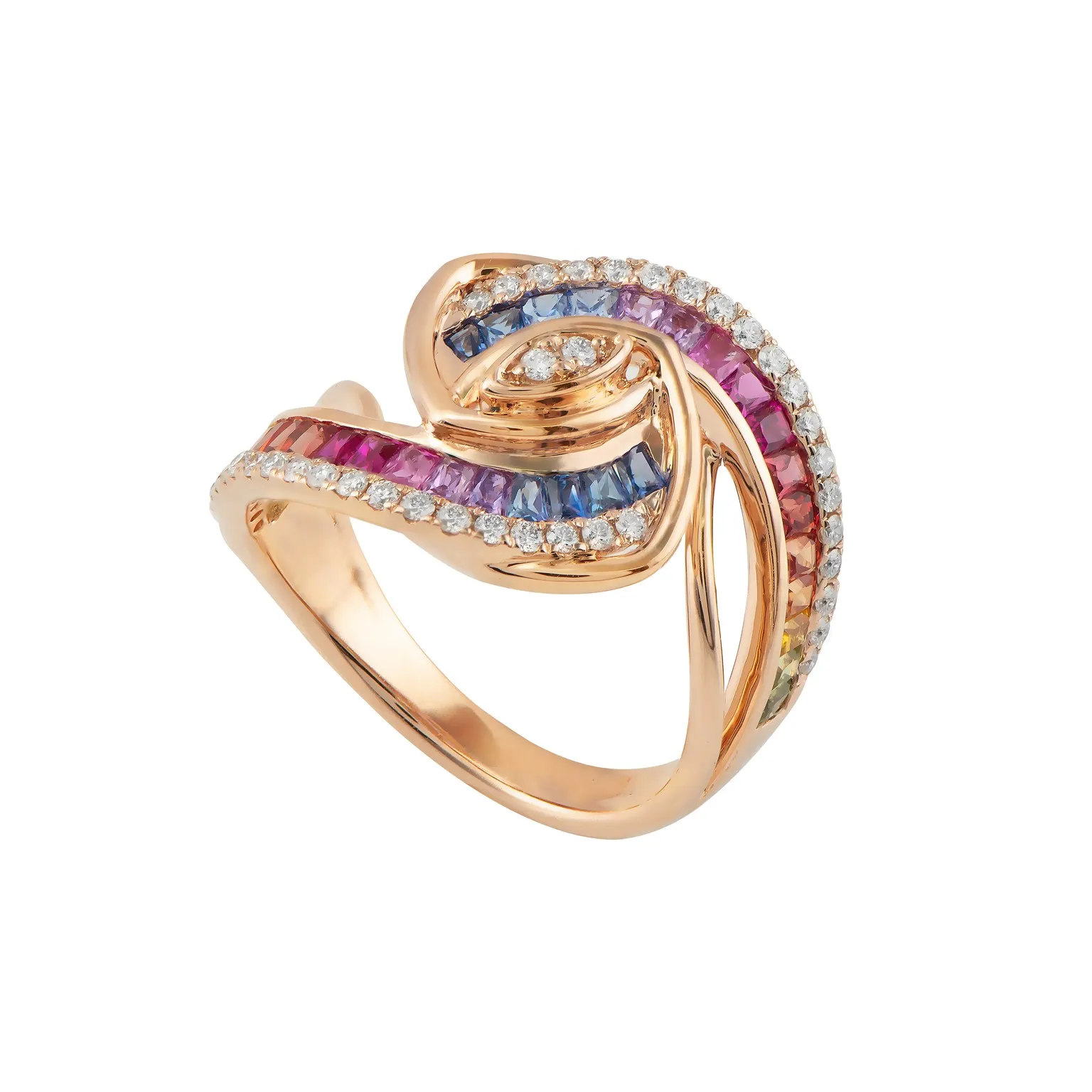 Rose gold swirl ring with rainbow sapphires and pavé diamonds