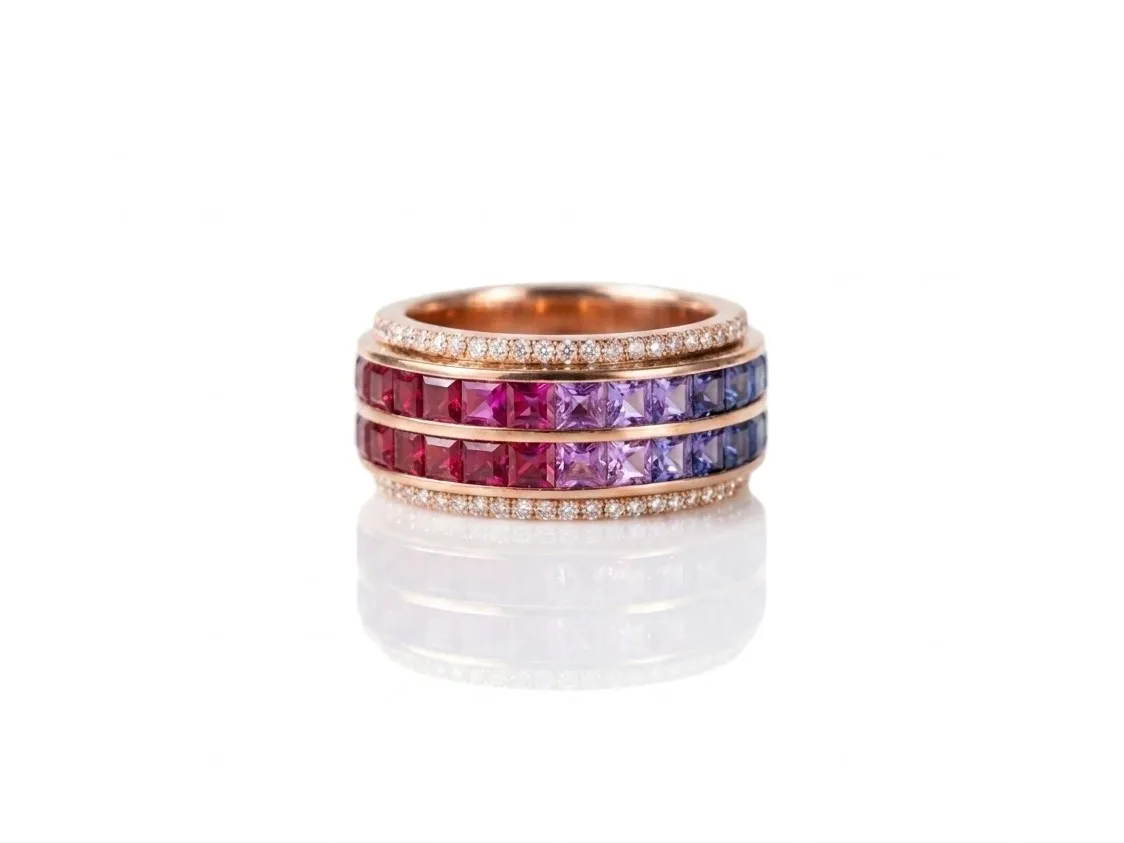 Rose gold band with three rows of pink and purple sapphires bordered by diamonds