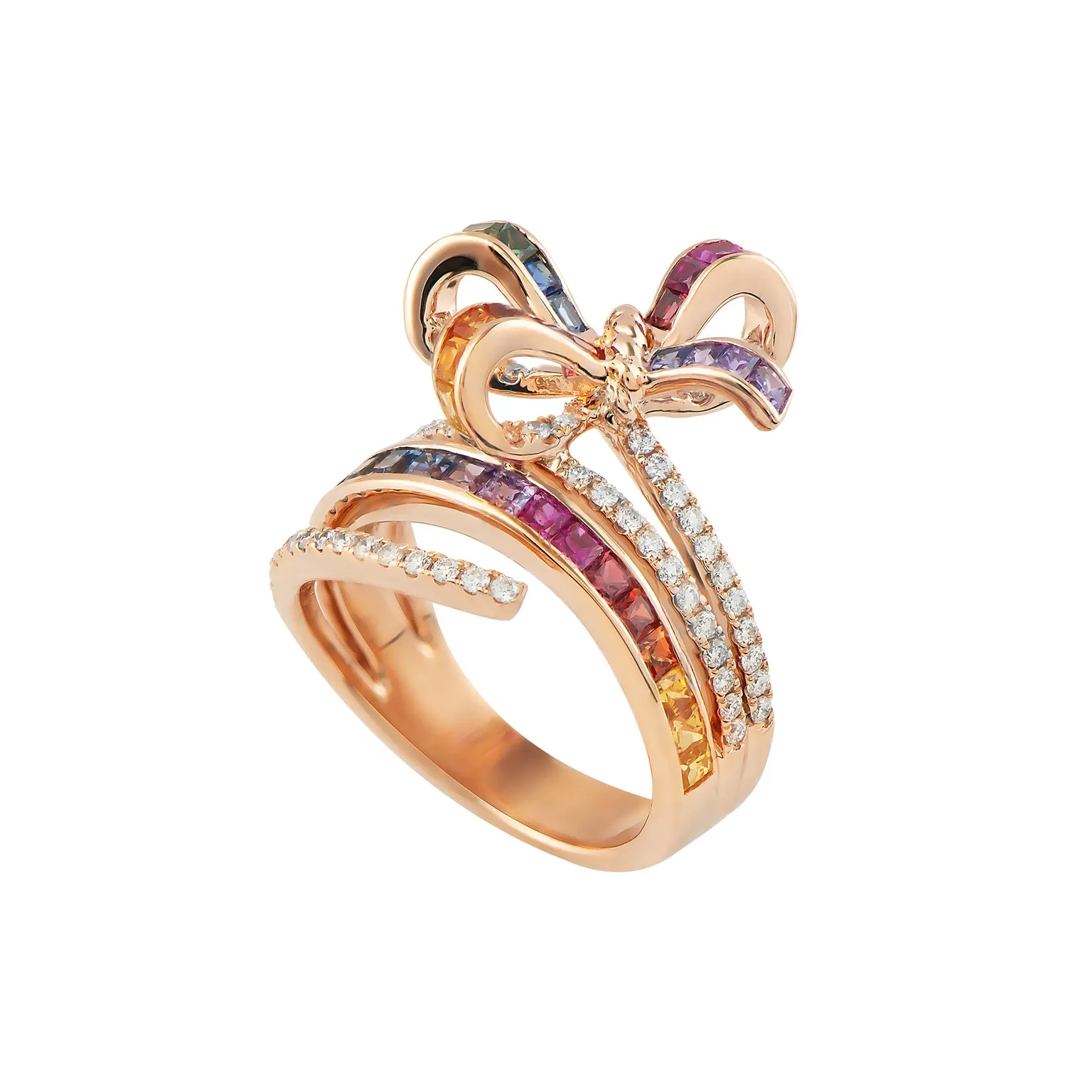 Rose gold bow ring with rainbow sapphires and diamond pavé